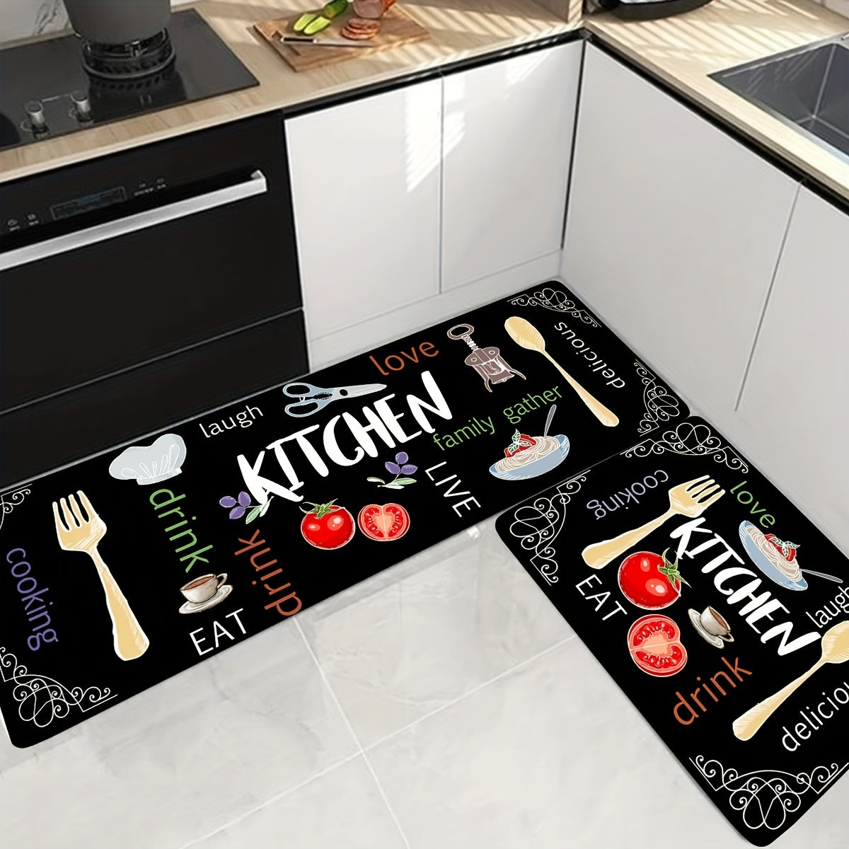 Stain resistant kitchen rug made from memory foam, featuring anti-slip and absorbent properties. Waterproof and soft cushioned for comfort, this rug is perfect for kitchens, hallways, bathrooms, and laundry rooms. Can be thrown in the wash for quick dry