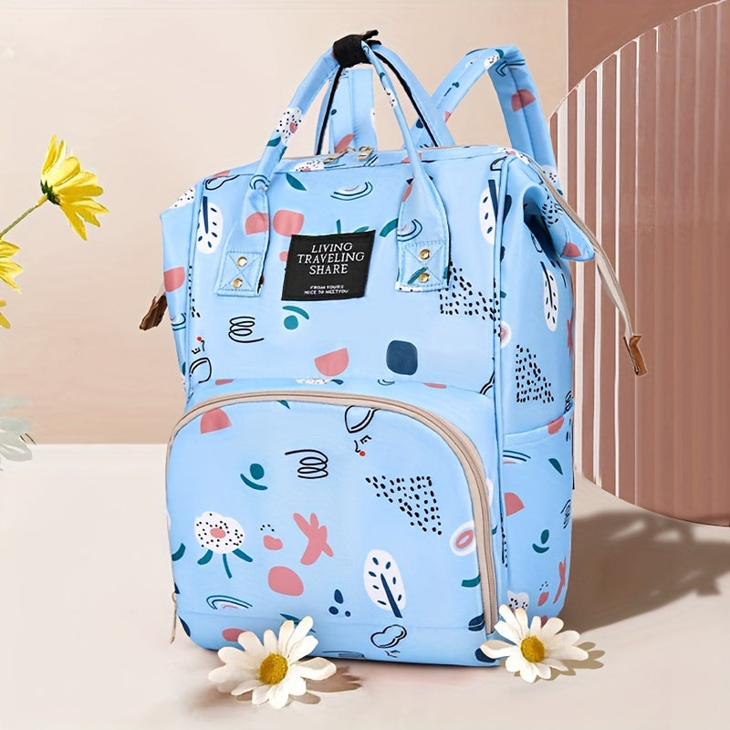 1 Oxford material diaper bag with adjustable shoulder straps, waterproof and stain-resistant, zip closure, polyester lining, cartoon and letter print design for outings.