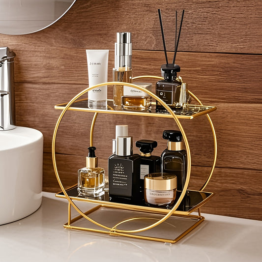 Golden round metal shelf with UV coating, ideal for organizing cosmetics and skincare products in the bathroom or living room. Two-tiered, detachable, and portable design.