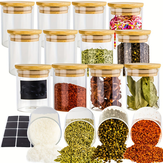 12-piece Glass Spice Jars Set with Bamboo Airtight Lids, Labels, and 8.5 Oz capacity. Complete kitchen tool for storing spices.