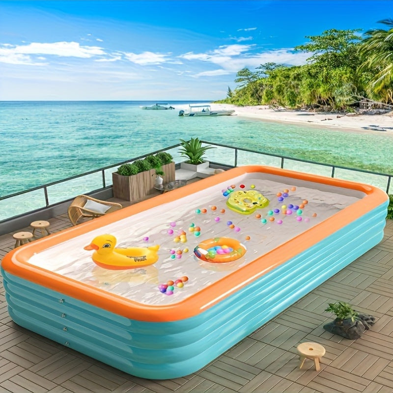 Large inflatable swimming pool for family use in outdoor areas, with multiple components for fun water parties.