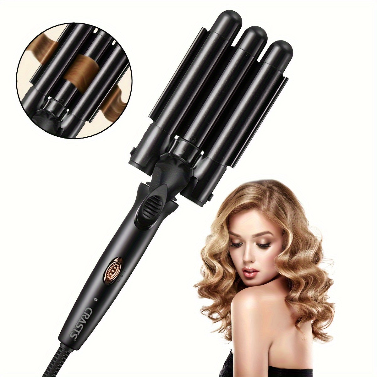 Three-barrel curling iron with temperature control for big waves and curls, creates water wave texture, black electric curler.