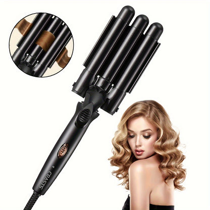 Three-barrel curling iron with temperature control for big waves and curls, creates water wave texture, black electric curler.