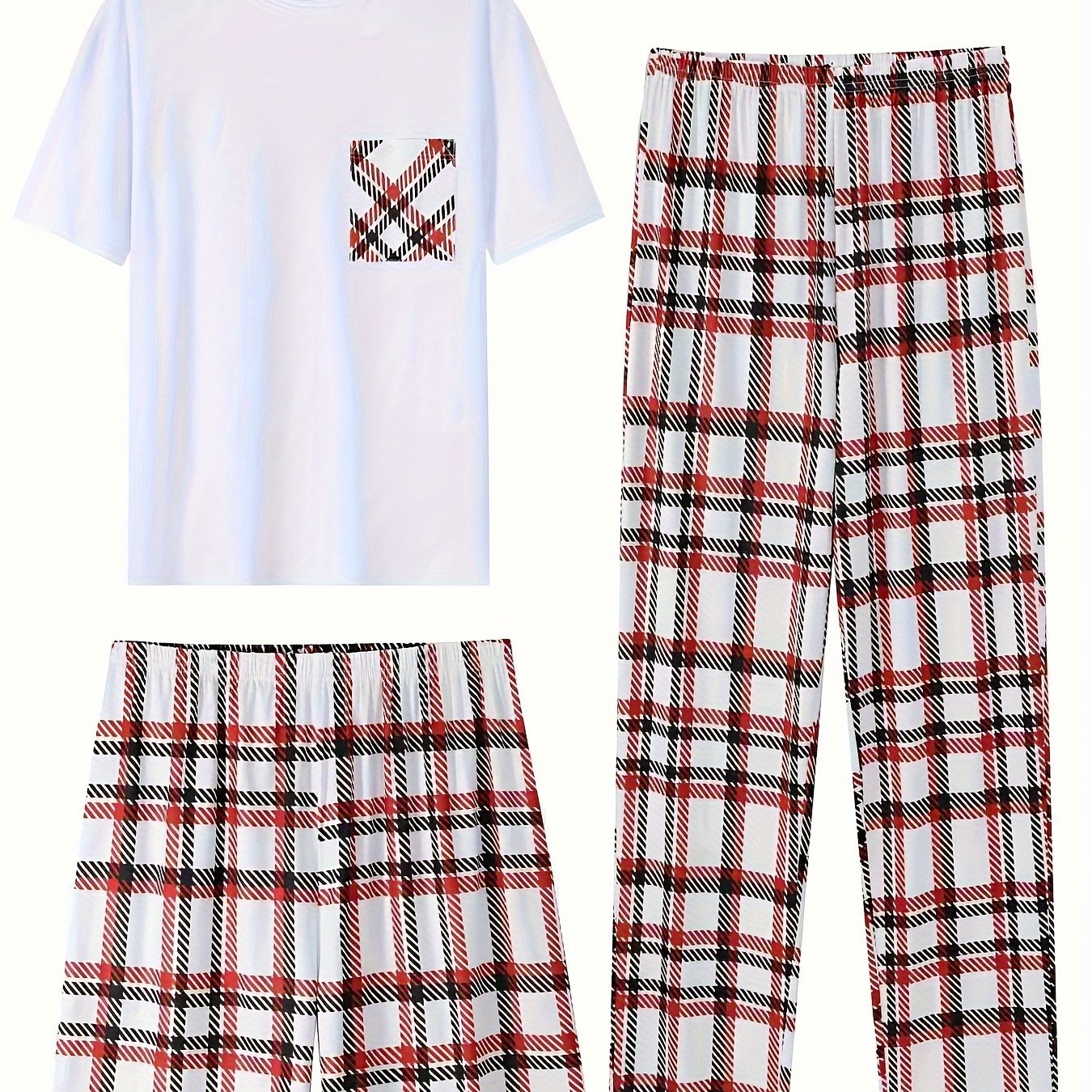 3-piece Plaid Pajama Set, short sleeve crew neck top with pocket, 100% knit polyester, all-season comfort, regular fit bottoms, medium stretch, no belt, 180gsm.