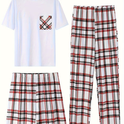 3-piece Plaid Pajama Set, short sleeve crew neck top with pocket, 100% knit polyester, all-season comfort, regular fit bottoms, medium stretch, no belt, 180gsm.