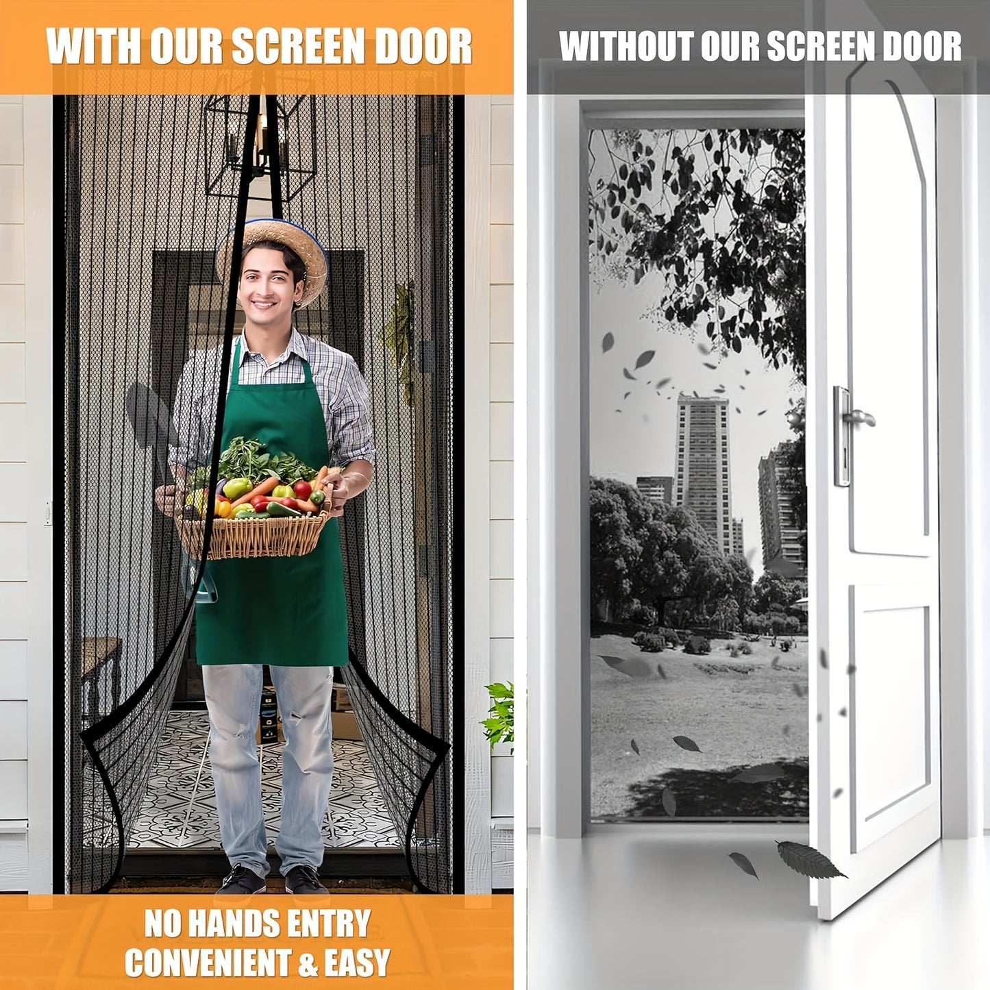 Magnetic screen door keeps bugs out, lets fresh air in all year round. Perfect for bedrooms and home decor, hands-free and self-sealing.