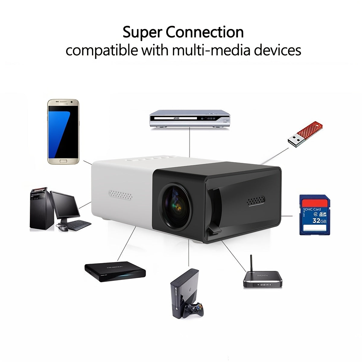 Enhance your movie experience with a 1080P supported mini HD projector for home theater, compatible with various devices.