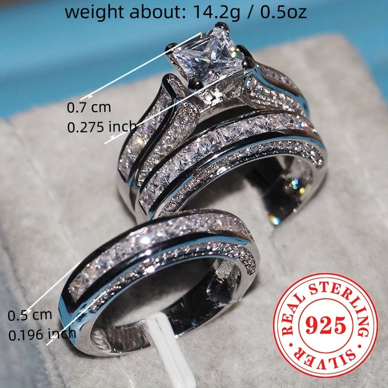 Stunning 3-Piece Women's Engagement Ring Set in 14.2g of High-Quality S925 Sterling Silver. Featuring Square Cut Synthetic Cubic Zirconia stones in a Princess Cut design with a 4-Prong Setting. This luxurious holiday jewelry piece is perfect for daily