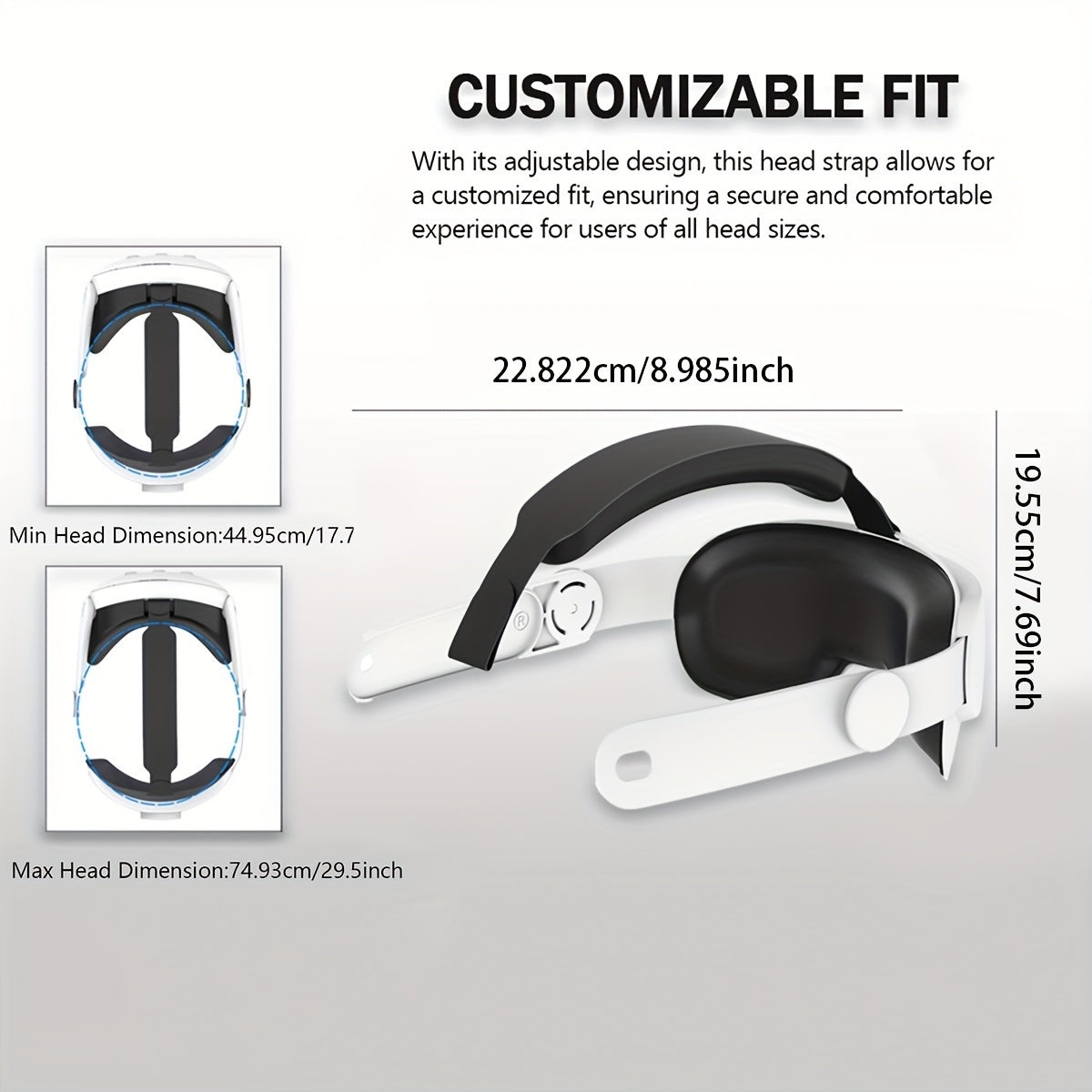 Adjustable head strap for MetaQuest 3 headset reduces face and head pressure, offering enhanced support and comfort.