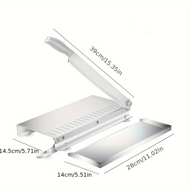 One piece of a large-sized professional kitchen cutter made of stainless steel, the manual mandoline slicer is perfect for slicing vegetables, fruits, and meats. This non-electric versatile food slicing tool has a 27cm blade.