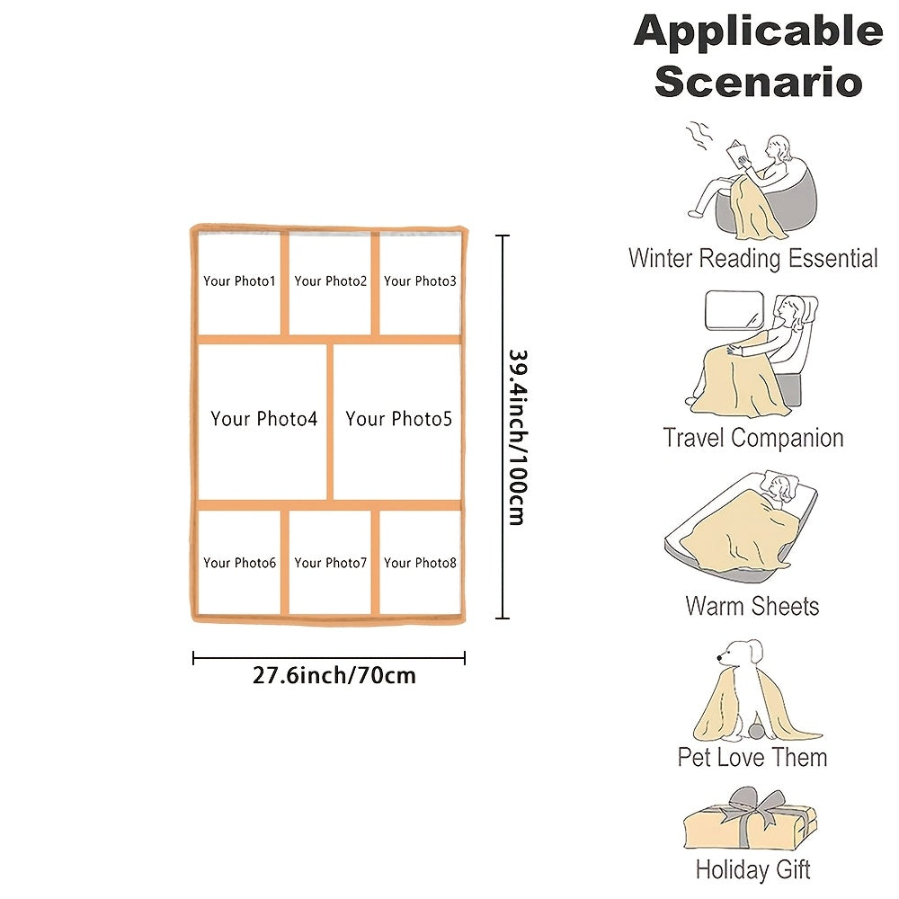 Customize your cozy flannel blanket with a personal photo! This soft and warm memory blanket is perfect for couples or families and is ideal for use in the office, bed, sofa, armchair, napping, camping, or travel. The machine washable blanket features a