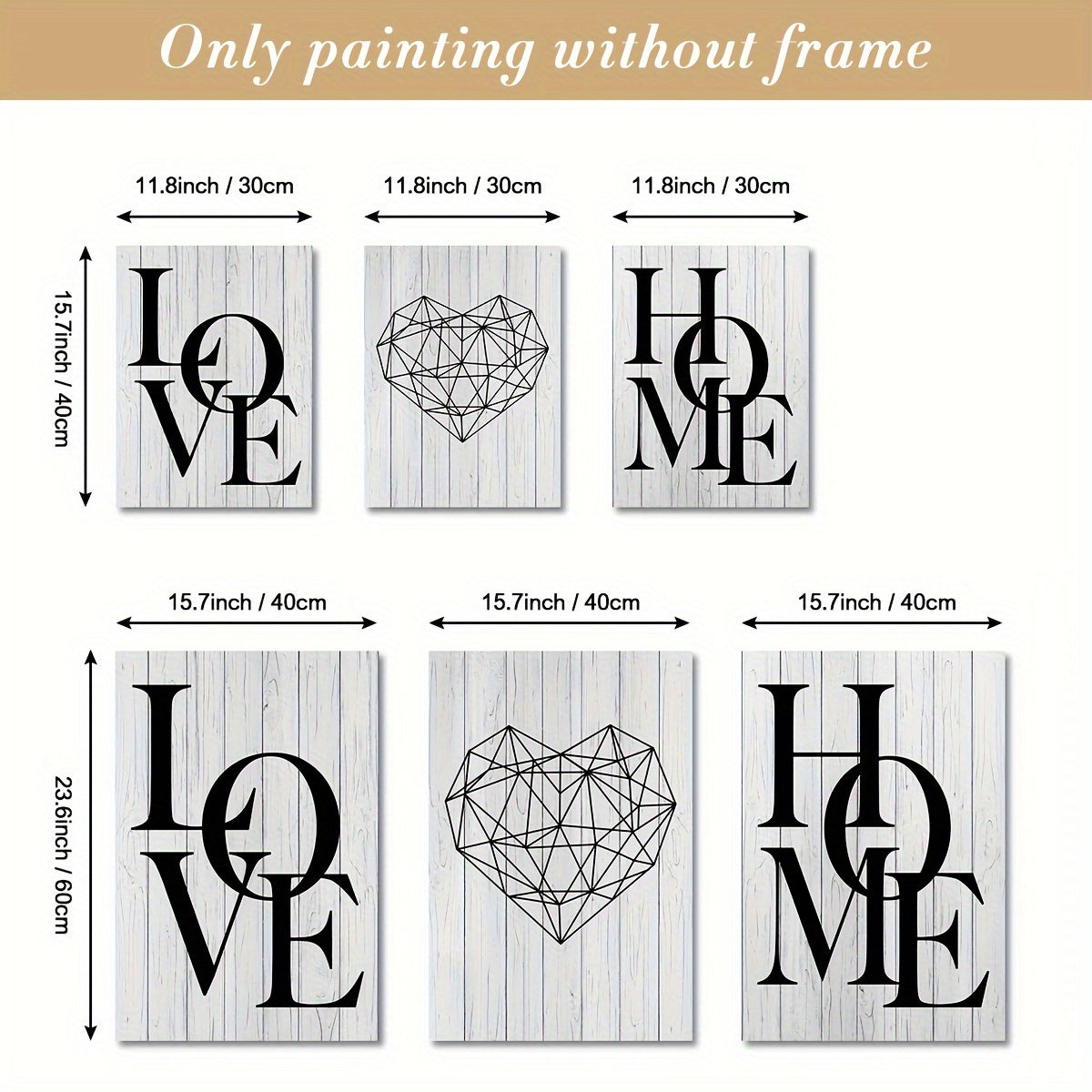 Scandinavian Love & Home Canvas Art Set: 3 Frameless Black and White Prints with Geometric Heart Design, Ideal for Modern Living Room Decor.