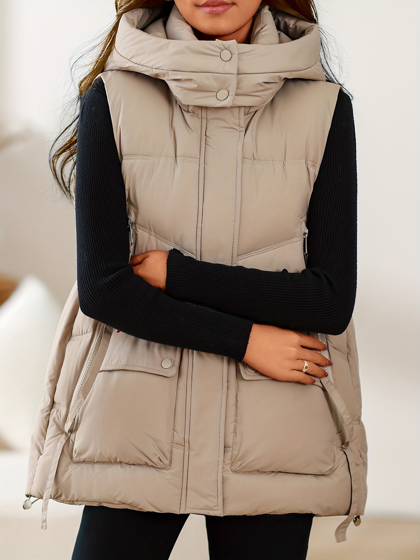 Solid color padded vest jacket for fall & winter, plus size women's clothing with stand-up collar.