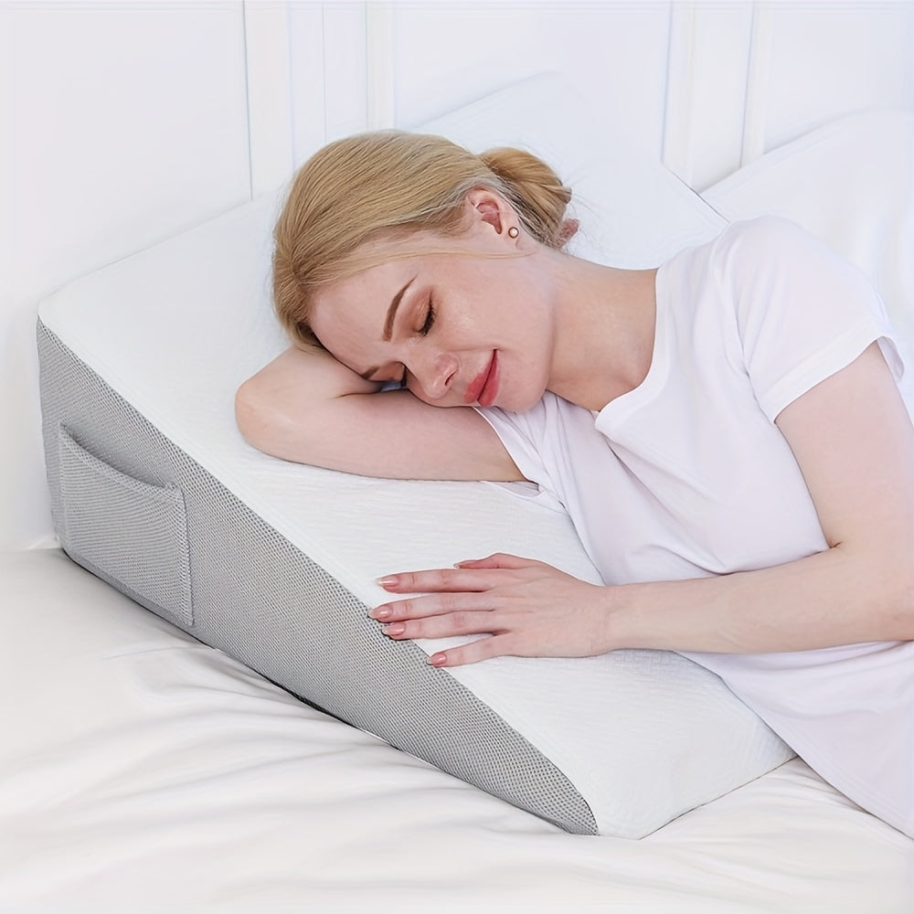 A multi-functional pregnancy wedge pillow designed to provide full body support - featuring a soft, removable cover and perfect for supporting the head, knees, legs, and back.