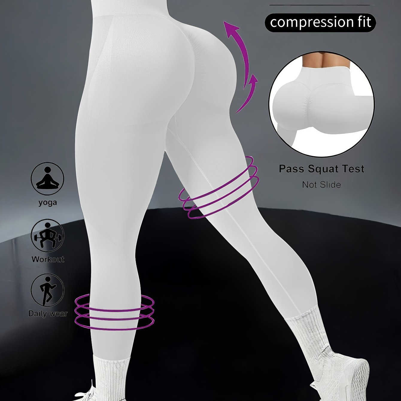 Seamless solid color yoga leggings with high waist and wide waistband for women's fitness and sports.