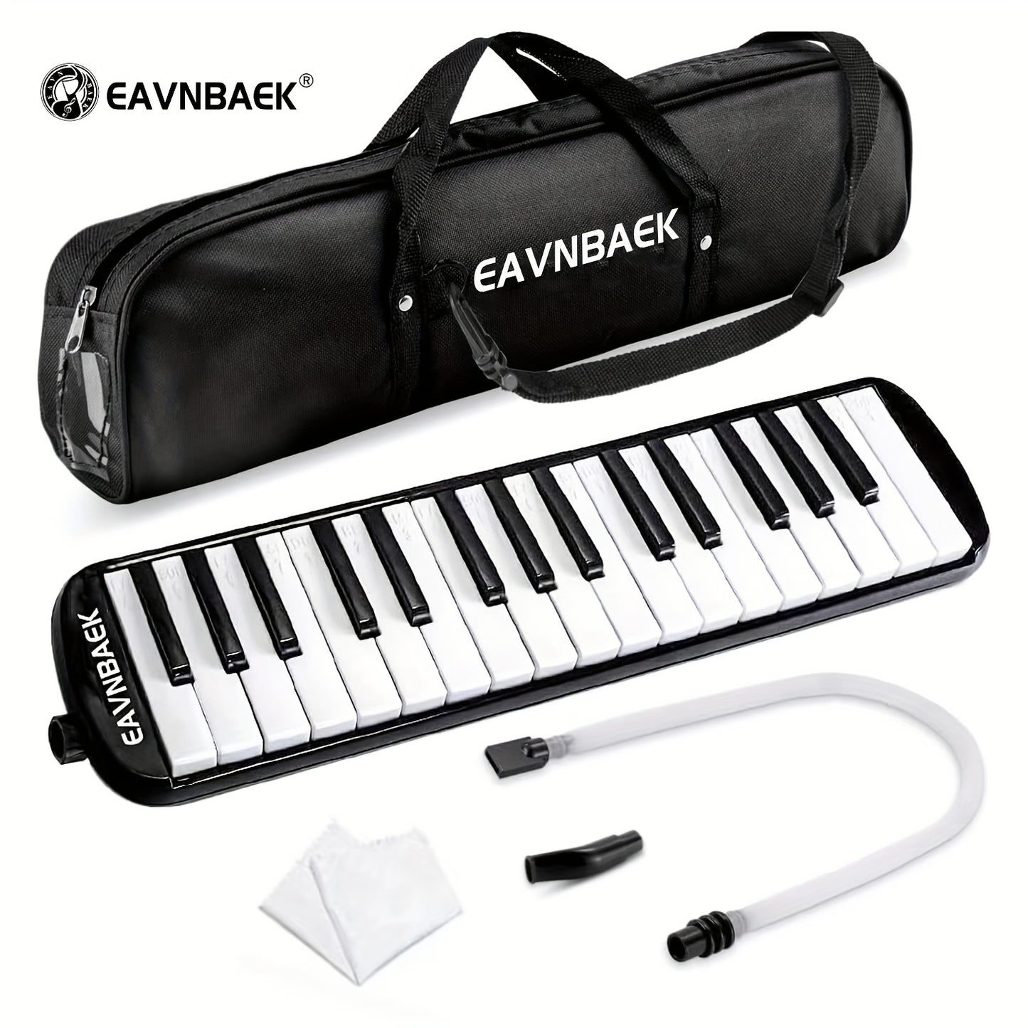 32-Key Soprano Melodica Air Piano Keyboard Pianica with Soft Long Tube & Short Mouthpiece, Durable ABS Material, Includes Carrying Bag - Black, Blue, Pink options.