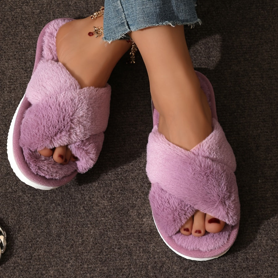 Cozy plush women's slippers with elegant solid color, non-slip EVA sole, and all-season indoor comfort.