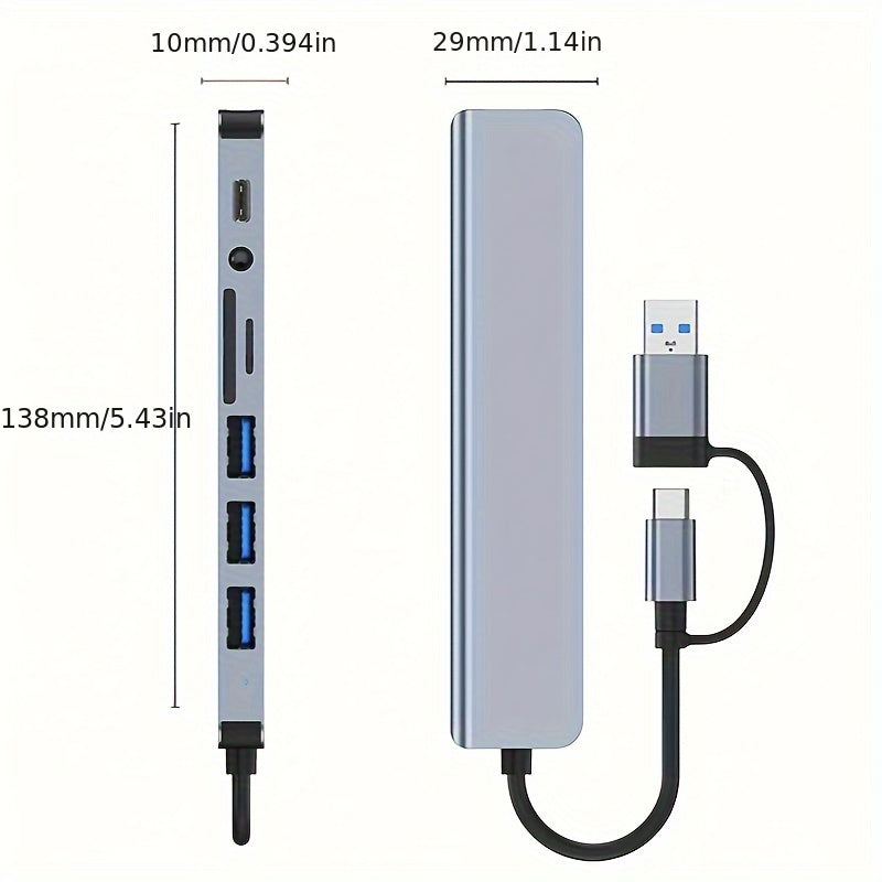 THLAN 8-Port USB 3.0 & Type-C Hub with Audio Mic, Micro SD/TF Card Reader for Laptops, MacBook Pro, iMac, iPad Pro - Uncharged Power Mode, Electronic Components Included