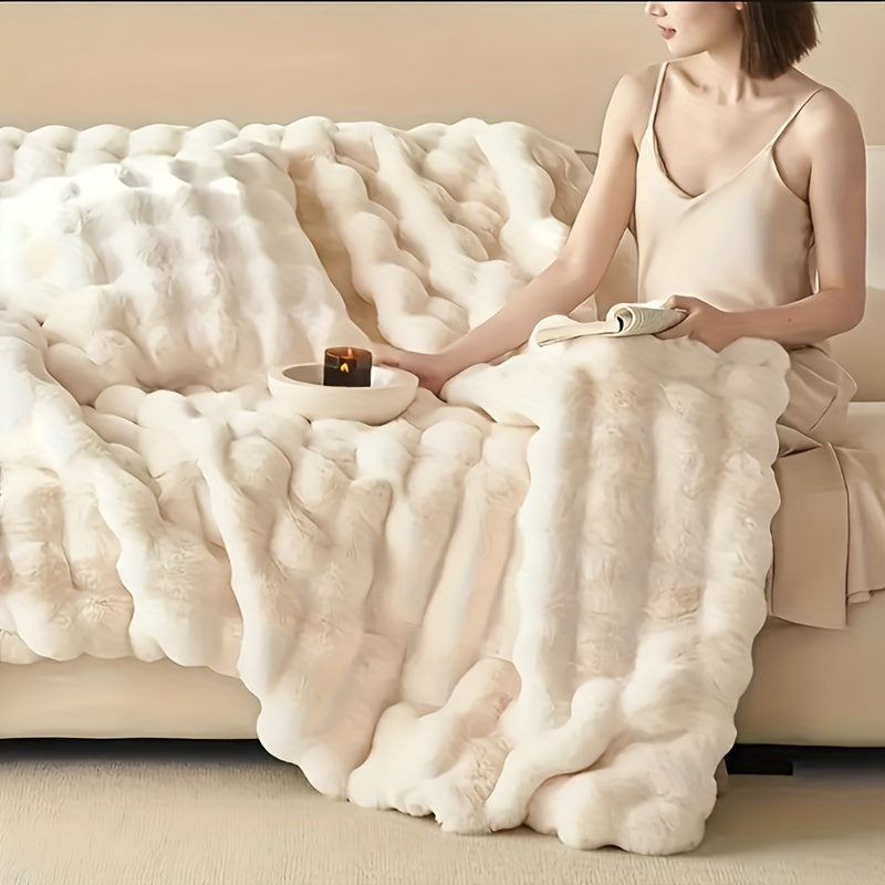 Soft and Cozy Plush Throw Blanket - Luxuriously Thick and Reversible Bubble Fleece Ideal for Travel, Sofa, Bed, and Home Decor - Easy Care, All-Season Comfort in White - Machine Washable.