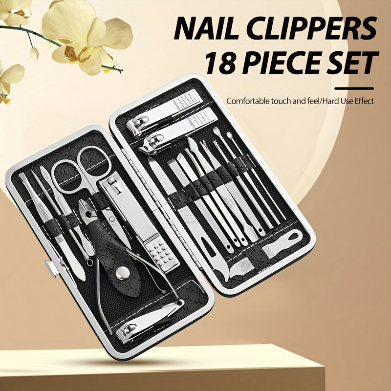 19-piece stainless steel personal care set with manicure nail clippers, ear picking spoon, and travel case.