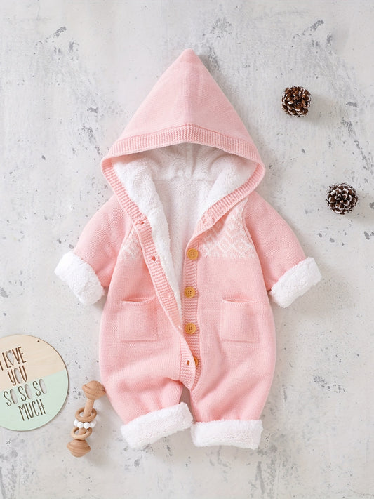 Knitted jumpsuit for newborn boys and girls with long sleeves and hooded pants.