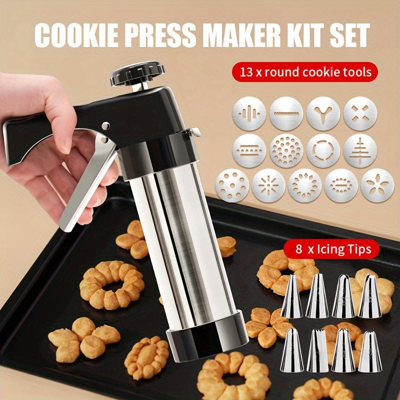 Stainless Steel Cookie Press Maker Kit Set with 22 Pieces - Includes 13 Round Cookie Tools and 8 Icing Tips - Food Safe Baking Tool for Home Use