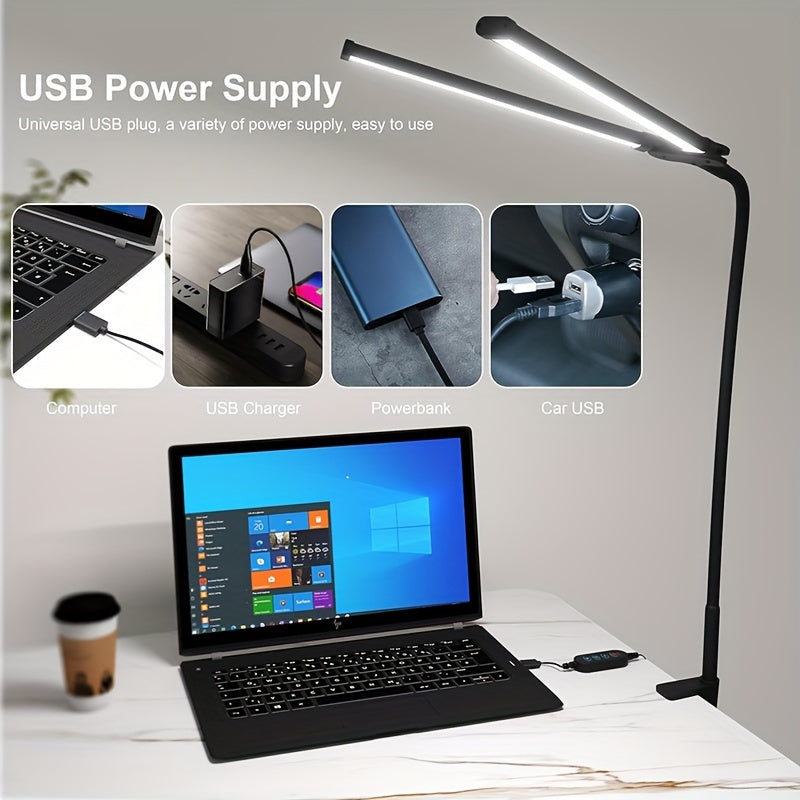 Home office desk lamp with double head clamp, 15W ultra bright, 30 lighting modes, ideal for learning and reading.