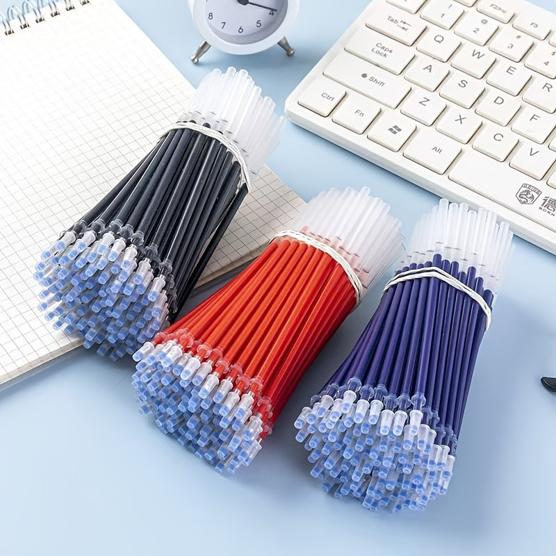 50 gel pen refills, 0.5mm fine tip in red, blue, and black. Ideal for office and school, smooth writing.