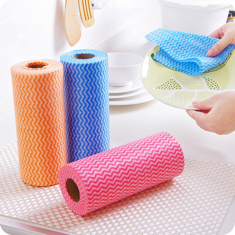 1 roll containing 50pcs of oil-free washable non-woven cloth, disposable dish towels. These versatile towels are perfect for use in the kitchen, living room, bathroom, toilet, and more. Perfect for those looking for a convenient cleaning solution.