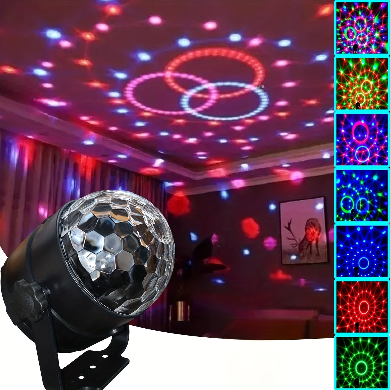 USB powered disco ball lamp set with RGB LED lights and music rhythm control. Polished finish countertop magic ball for flashing indoor DJ lighting in various room types. Made of plastic, no remote control.