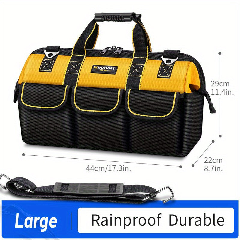 WINHUNT Electrician's Tool Bag - Durable canvas, many compartments, black & yellow, polyester, for tools, fishing gear, woodworking.