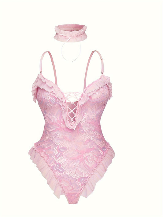 Stretchy, lace bodysuit with ruffle detail. Semi-sheer, colorblock design, hand washable. Women's lingerie PDYY240709.