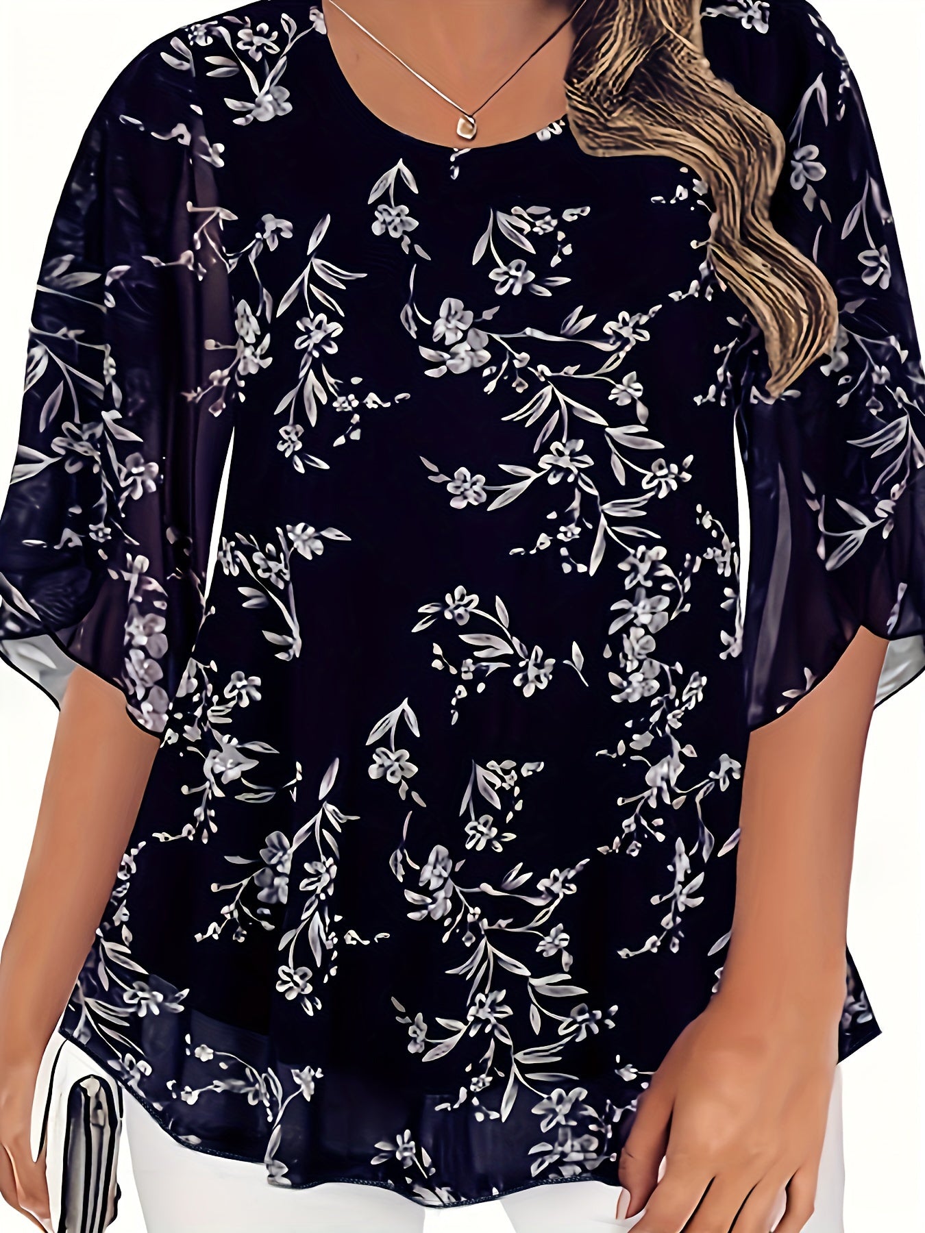 Chic black floral chiffon blouse with ruffle sleeves for summer, machine washable and semi-sheer.