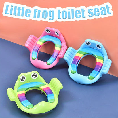 Cute cartoon toilet seat with training insert features frog & dolphin design. Portable, non-slip travel potty chair for boys & girls with urine splash guard. Versatile training set includes travel bag, suitable for children aged 3-12.