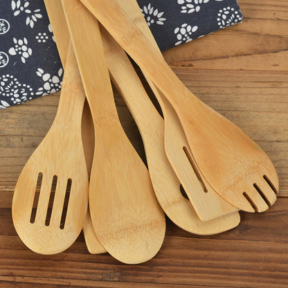 6-piece Bamboo Kitchen Utensil Set includes long wooden spoons and spatulas, safe for nonstick cookware, made of natural wood. Essential kitchen accessories for home and apartment.