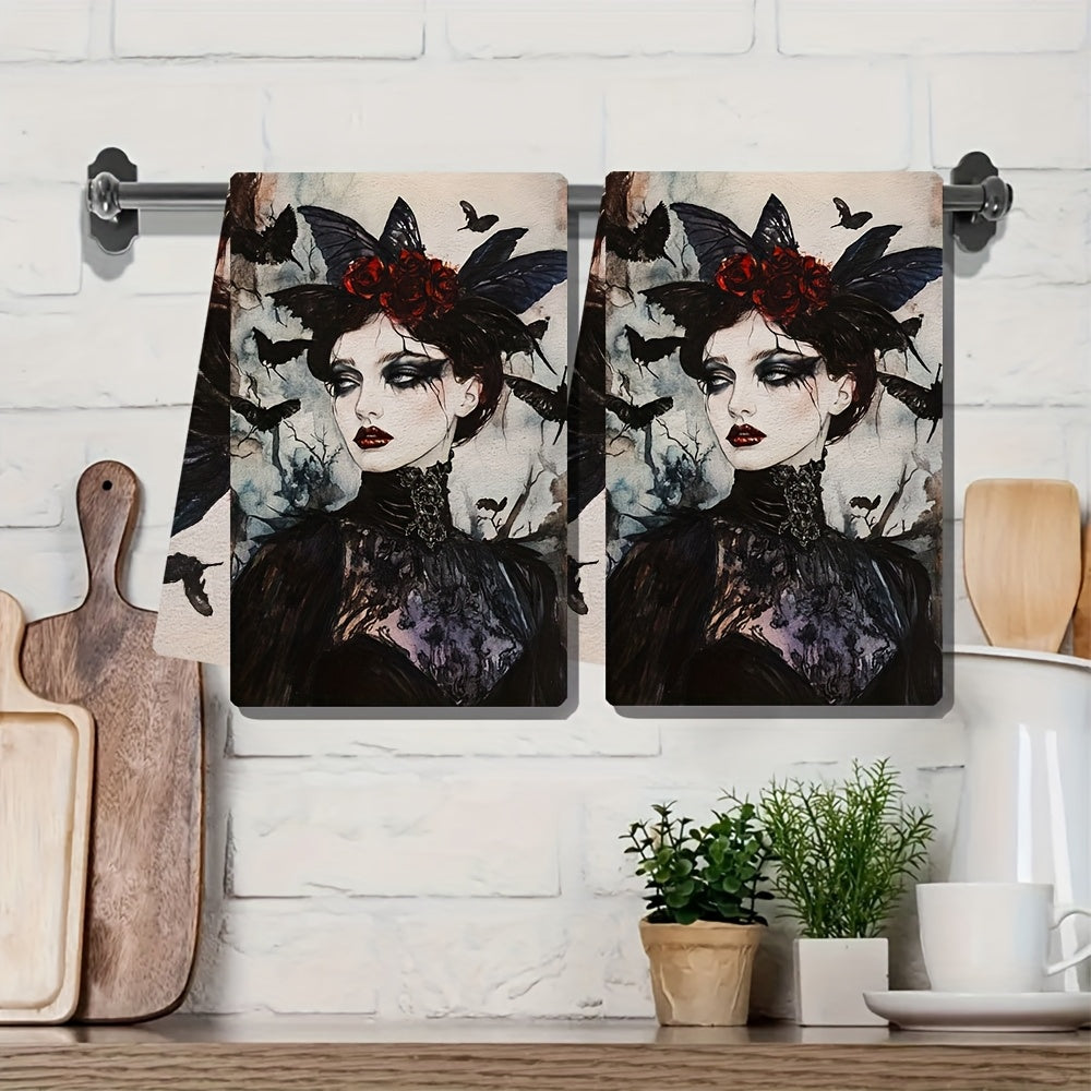 Two pieces of Whimsigoth Art Kitchen Towels - These ultra soft and highly absorbent polyester dish hand towels measure 40.64x60.96 cm. Featuring a gothic elegance design with red roses and black lace, they are machine washable and perfect for holiday