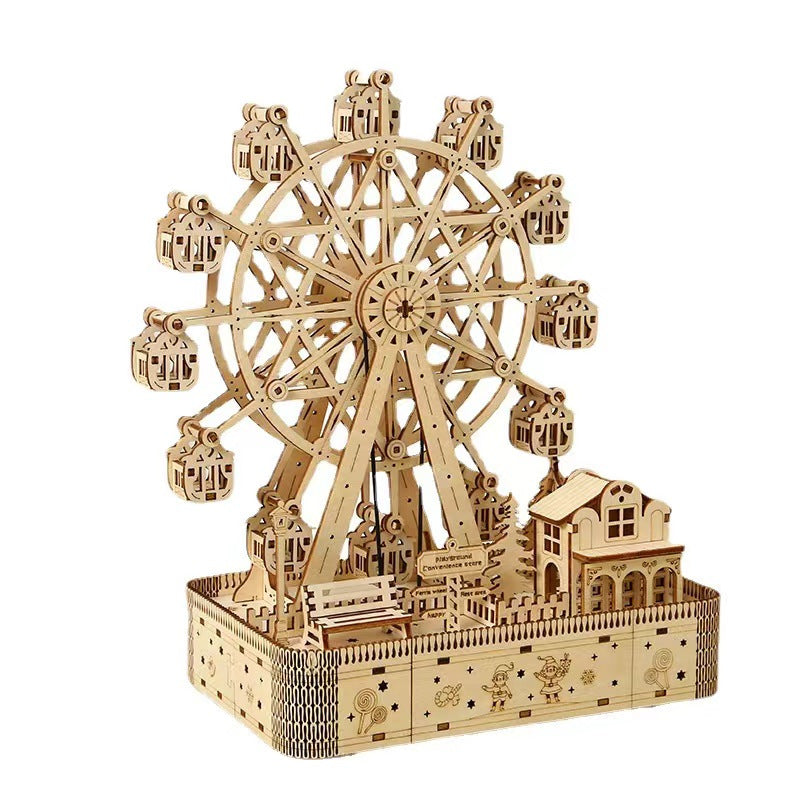 Wooden DIY assembly hobby model kit of Ferris wheel, suitable for adults and teens 14+, serves as a decorative carousel replica.