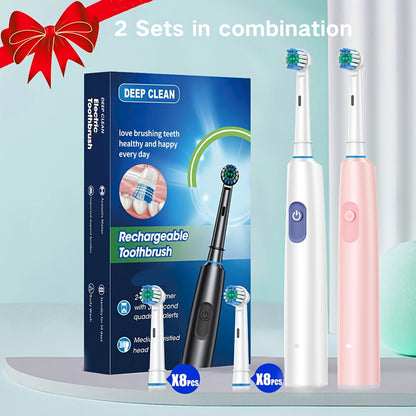 A set of 2 round electric toothbrushes with 8 brush heads, 2 color combinations, UCB-C charging, 5 modes including a super-fast cleaning mode, perfect gift for family and friends.