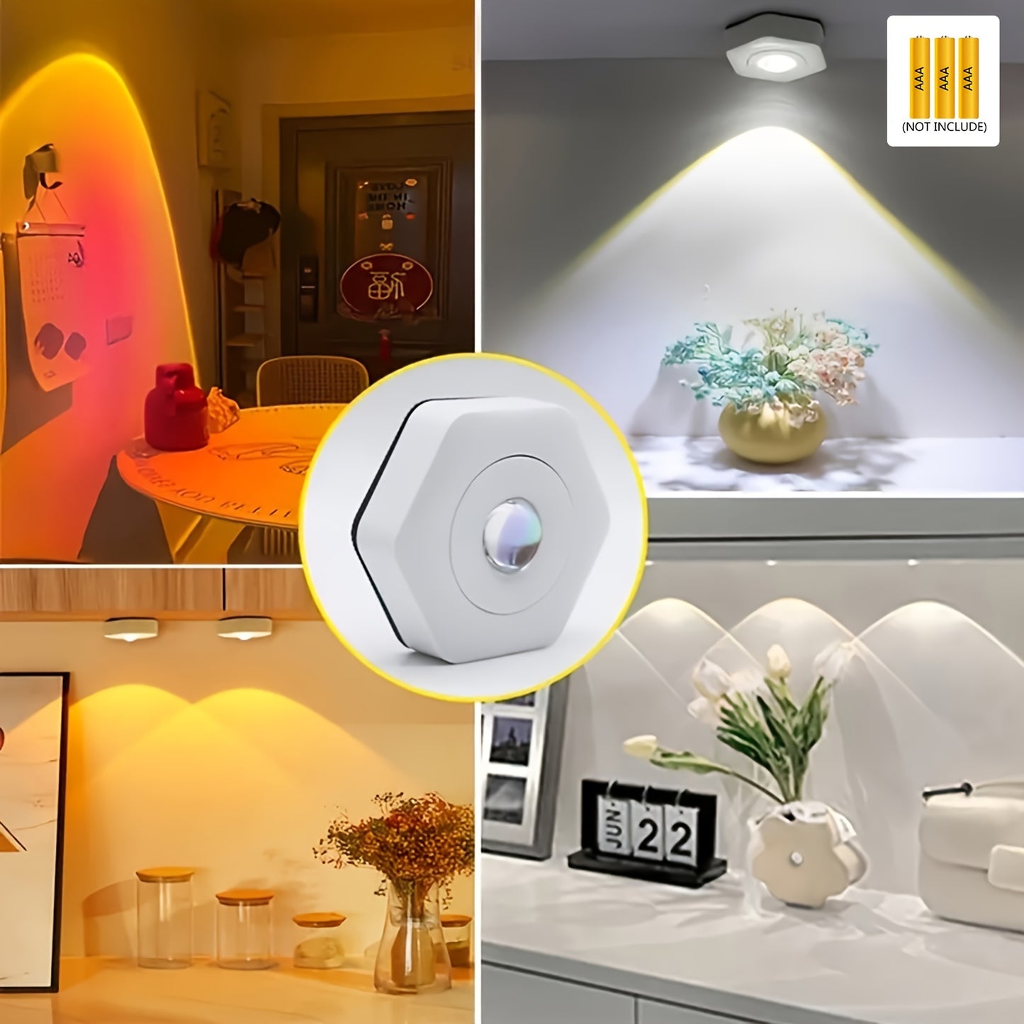 Creative white hexagonal cat eye sunset red projection sunset lamp with touch dimmable LED technology, battery powered for cabinet and wall lighting.