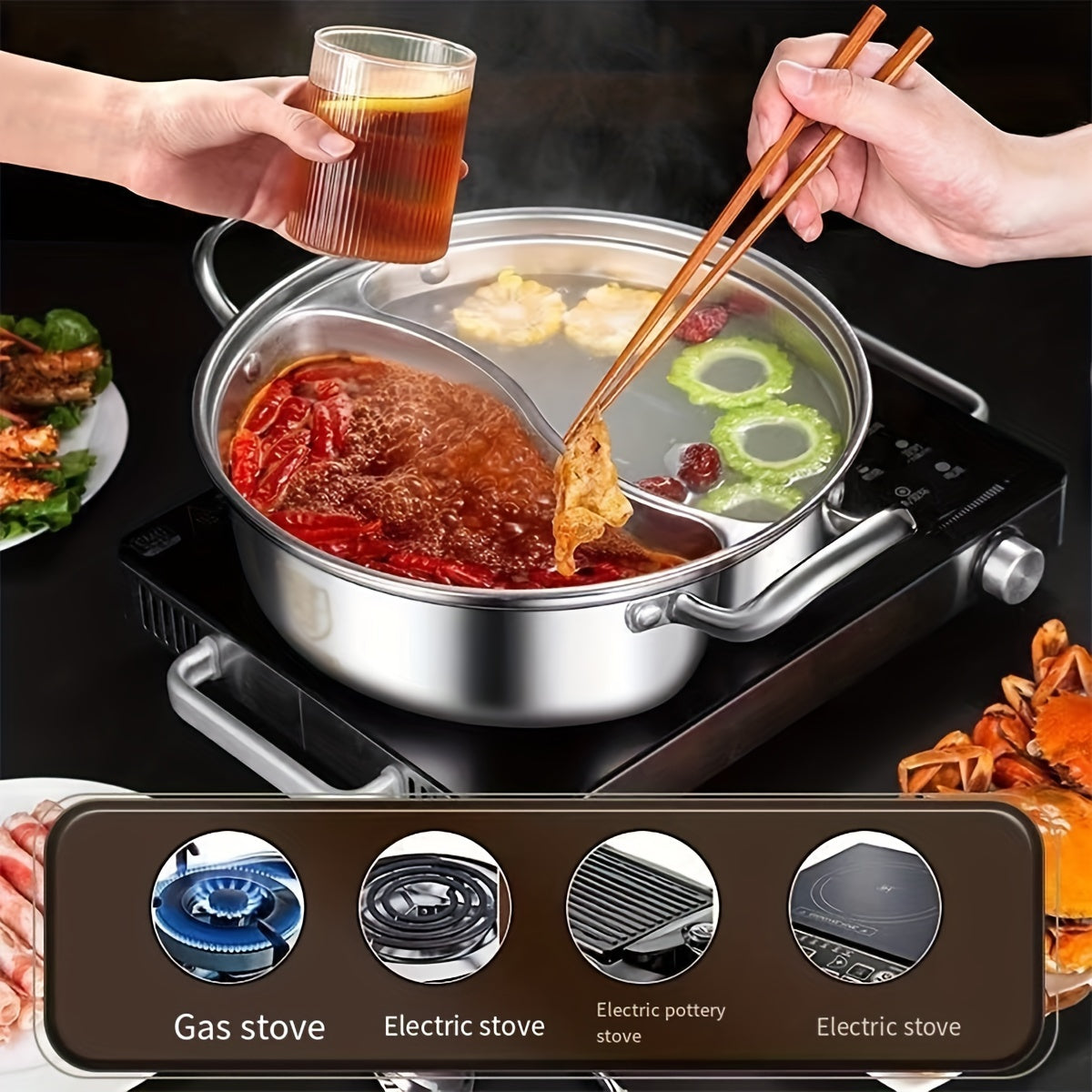 Mandarin Hot Pot with Two Flavors, Made from SUS 316 Antibacterial Stainless Steel, Features Thickened Seamless Construction, Unique Non-Tainting Soup Separation System, Suitable for Gas and Induction Stovetops.