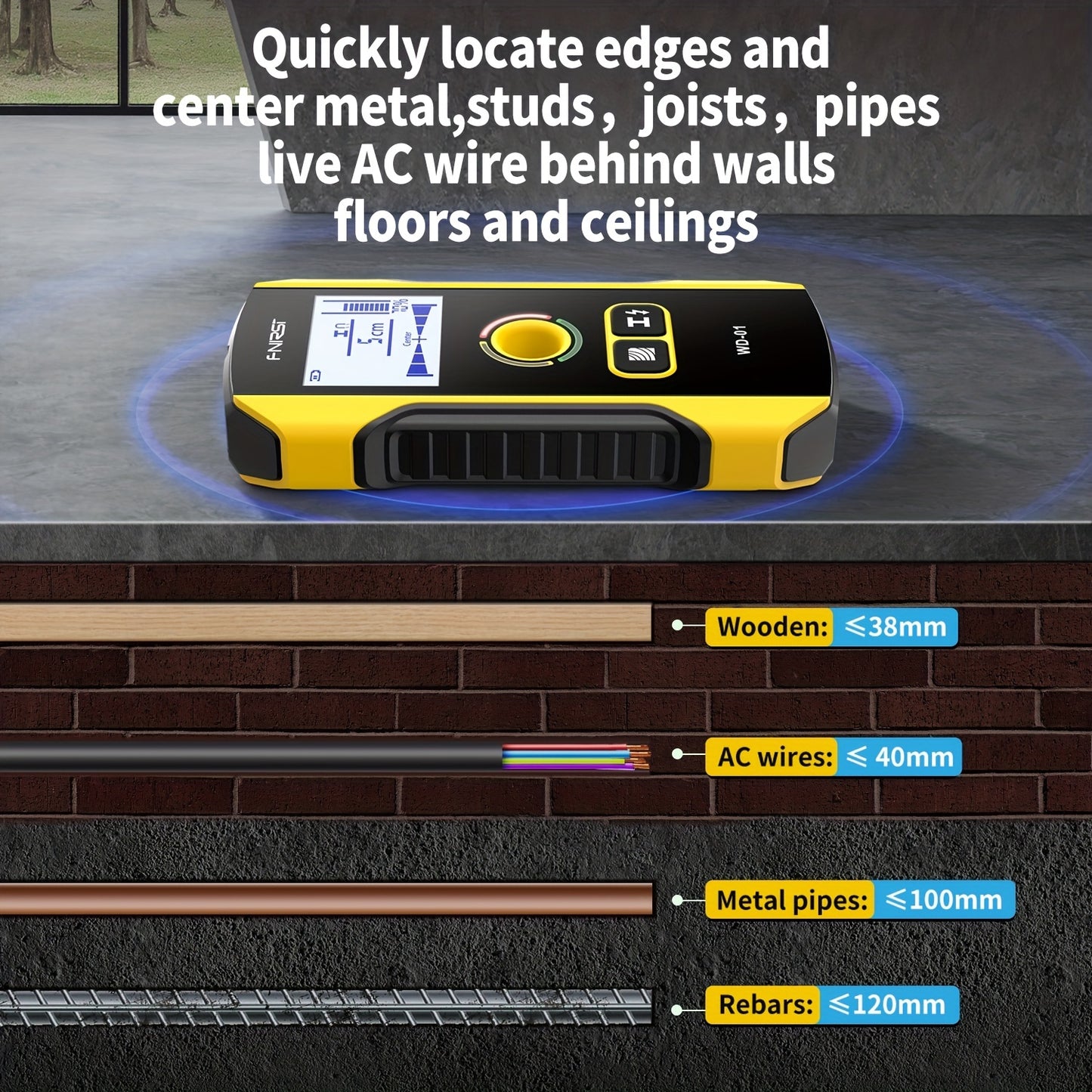 FNIRSI WD-01 Wall Detector Scanner with LED Digital Display and USB Charging. 0.1 Measurement Accuracy for Construction. Detects AC Live Cable Wires and Metal/Wood Studs. Made of Black ABS