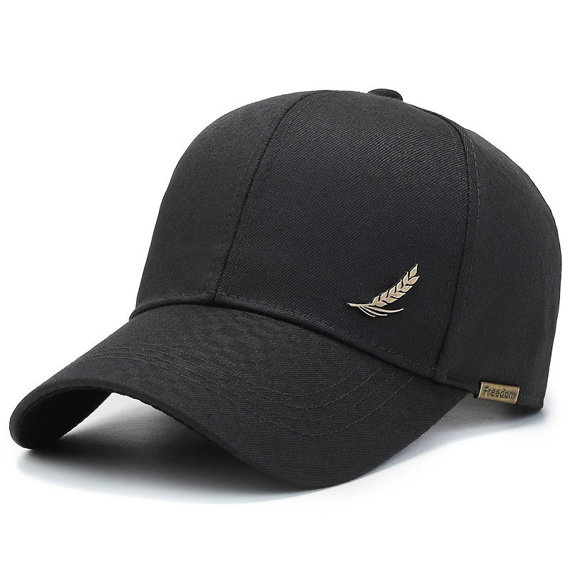 Adjustable baseball cap with wheat embroidery. Suitable for outdoor sports. One size fits most.