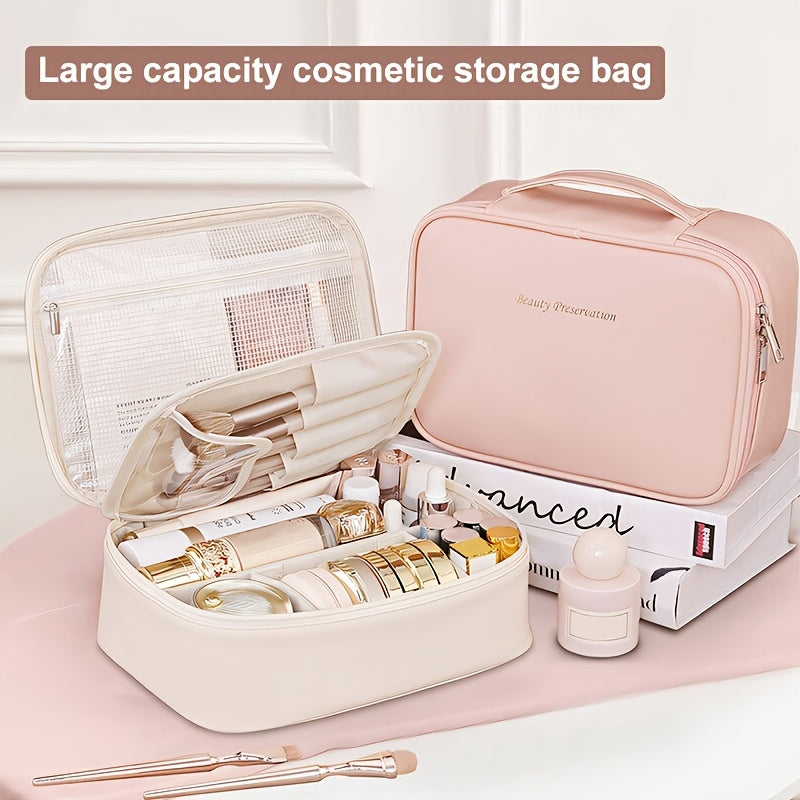 Spacious multi-layer PU cosmetic bag with brush holder, portable storage for beauty essentials, perfect gift for couples.