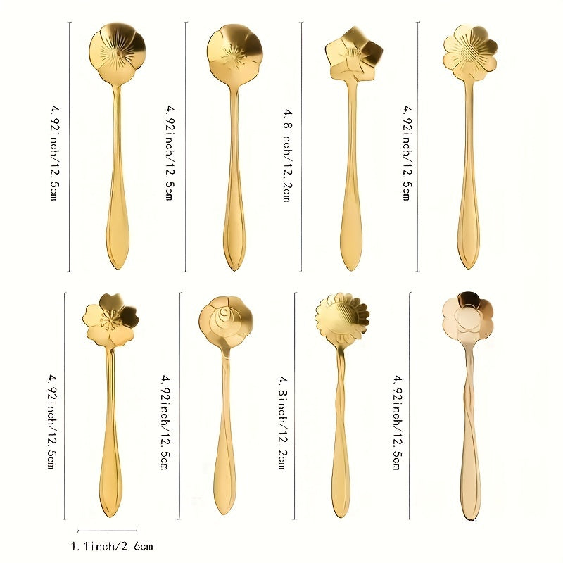 A collection of 8 flower-shaped spoons perfect for tea, coffee, ice cream, dessert, or honey. These cute spoons are made of durable stainless steel in a stylish silver and gold finish, making them a versatile addition to any kitchen utensil collection.