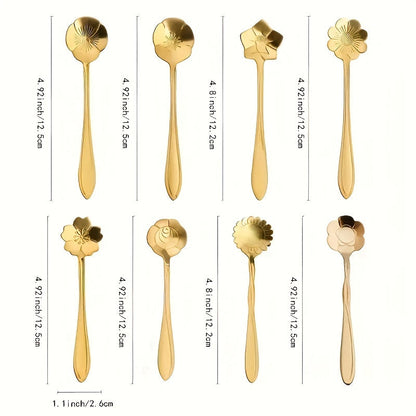 A collection of 8 flower-shaped spoons perfect for tea, coffee, ice cream, dessert, or honey. These cute spoons are made of durable stainless steel in a stylish silver and gold finish, making them a versatile addition to any kitchen utensil collection.