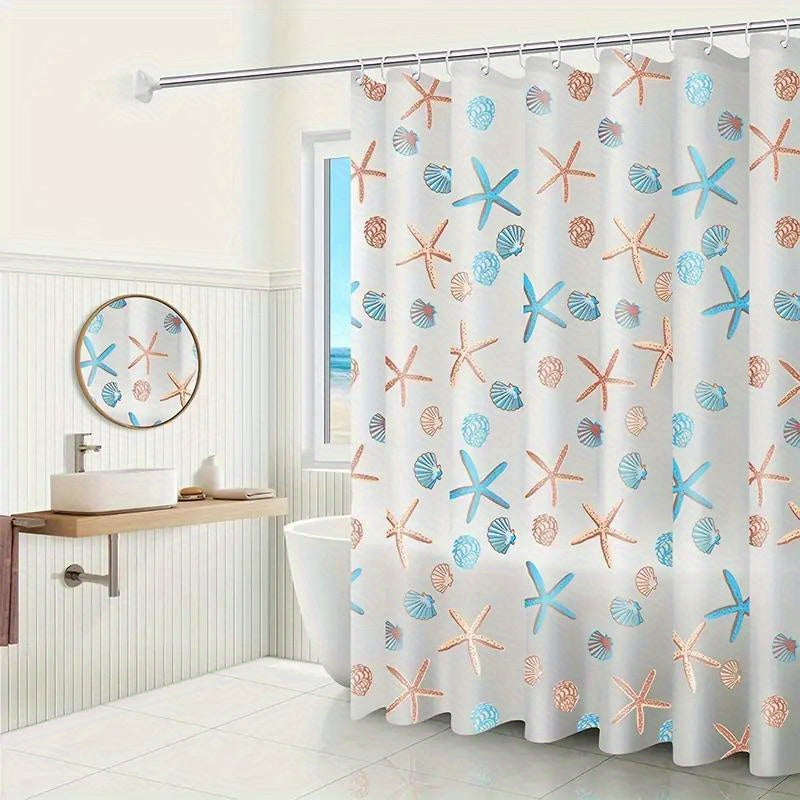 Durable plastic shower curtain liner with starfish shells design, waterproof, transparent, 180.34cm W x 180.34cm H, perfect for ocean-themed bathrooms.