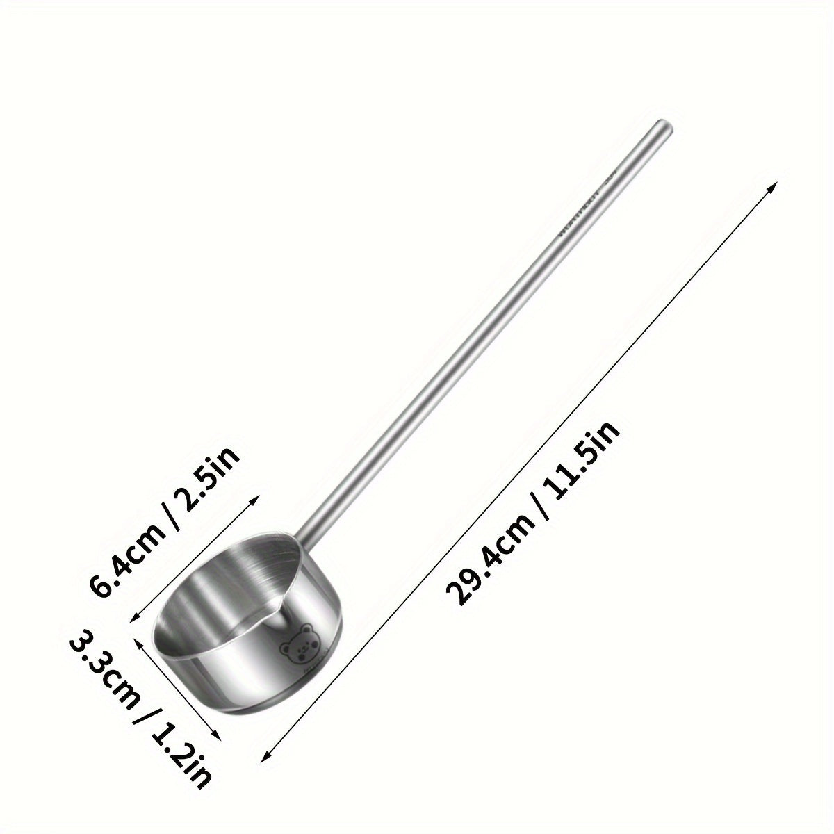 Stainless steel long-handled soup spoon with cute bear pattern; anti-scald and oil splash guard for kitchen and restaurant use; made of 304 stainless steel; also serves as a sauce spoon.