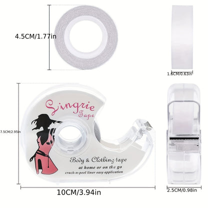 Transparent double-sided tape for clothing and skin, providing all-day strength and invisibility for all skin tones.