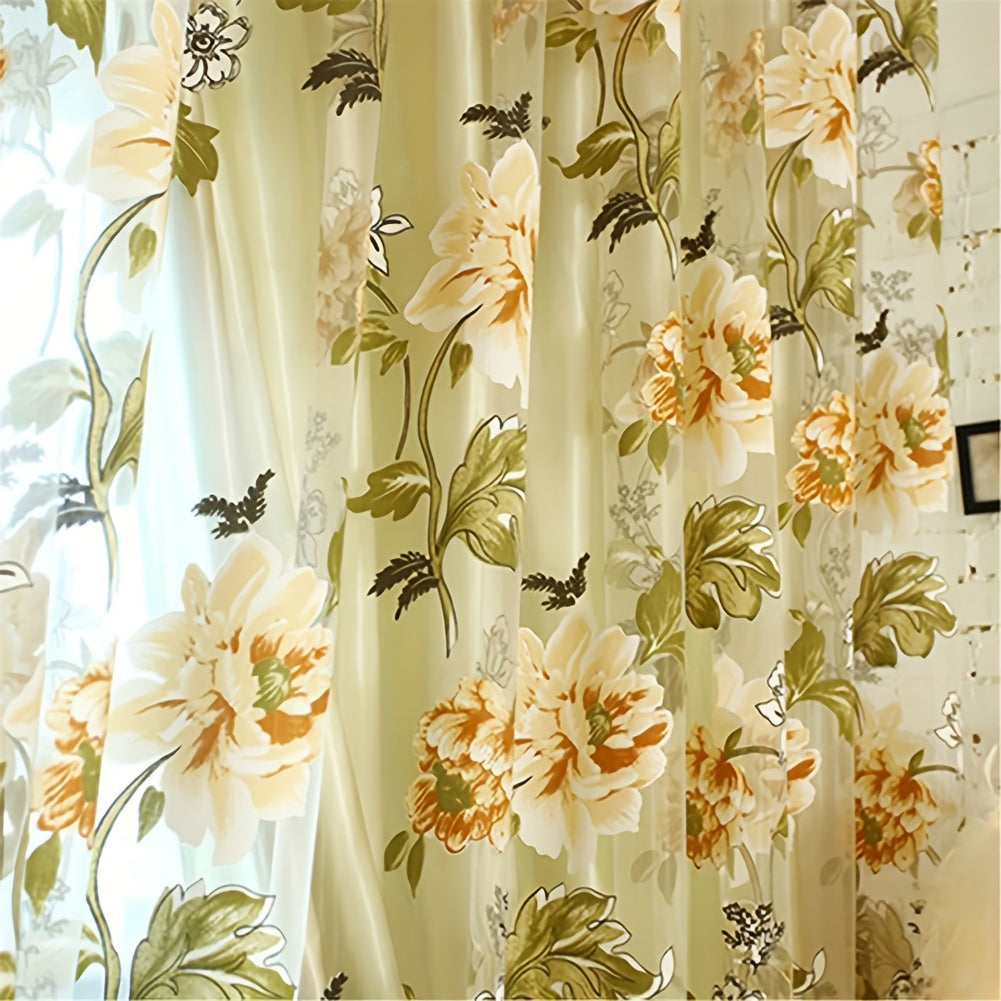 Beautiful Floral Tulle Sheer Curtain Panel - Made of Lightweight Polyester, Features Rod Pocket Design, Stunning Purple & Yellow Flowers Pattern Perfect for Living Room Decor, Enhances Natural Light in the Room| Includes Rod Pocket Valance|Crafted with