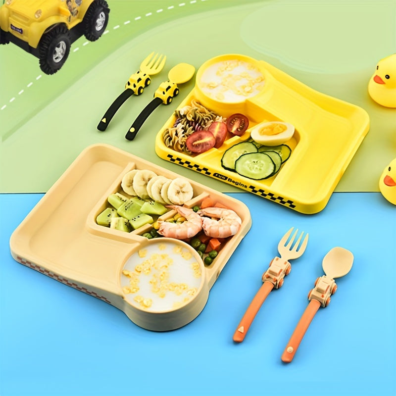 Easter Gift Set: Children's Cartoon Racing Dinner Plate with Fork, Spoon, and Baby Self-Feeding Cutlery. Includes Food Supplement Divided Bowl and Non-Slip Dinner Plate with Suction Cup.